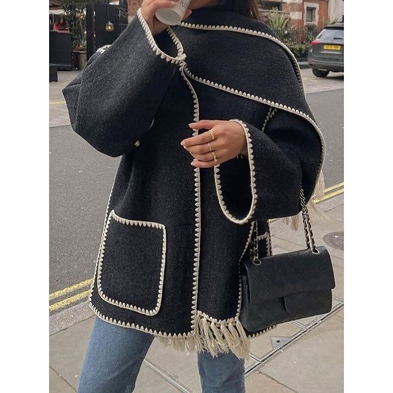 Women's Winter Coat Outdoor Street Daily Wear Fall Winter Regular Coat Regular Fit Thermal Warm Breathable Stylish Casual Jacket Long Sleeve Plain Tassel Fringe with Pockets Black White Khaki3