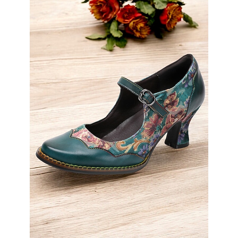 Women's Vintage Floral Mary Jane Heels - Green Leather with Floral Patchwork, Adjustable Strap, Mid Heel, Perfect for Retro Style and Special Occasions3