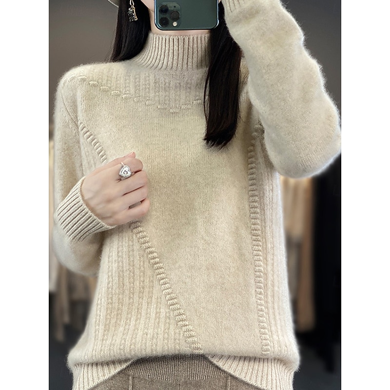 Women's Sweater Pullover Sweater Jumper Casual Soft Pure Color Ribbed Turtleneck Knitted Long Sleeve Regular Tops Knit Outdoor Daily Weekend White Red Fall Winter2