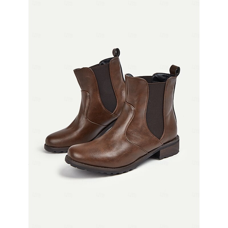 Women's Vintage Brown Faux Leather Chelsea Ankle Boots with Elastic Side Panels – Casual Slip-On Style for Fall and Winter Outfits2