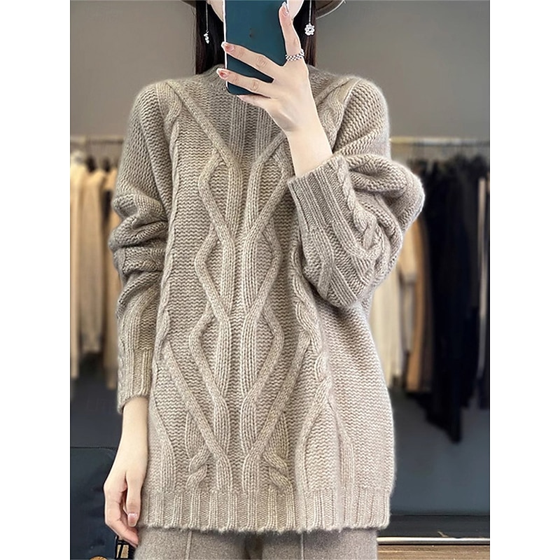 Women's Sweater Casual Soft Pure Color Cable Stand Collar Knitted Long Sleeve Regular Tops Knit Outdoor Daily Weekend Black White Fall Winter
