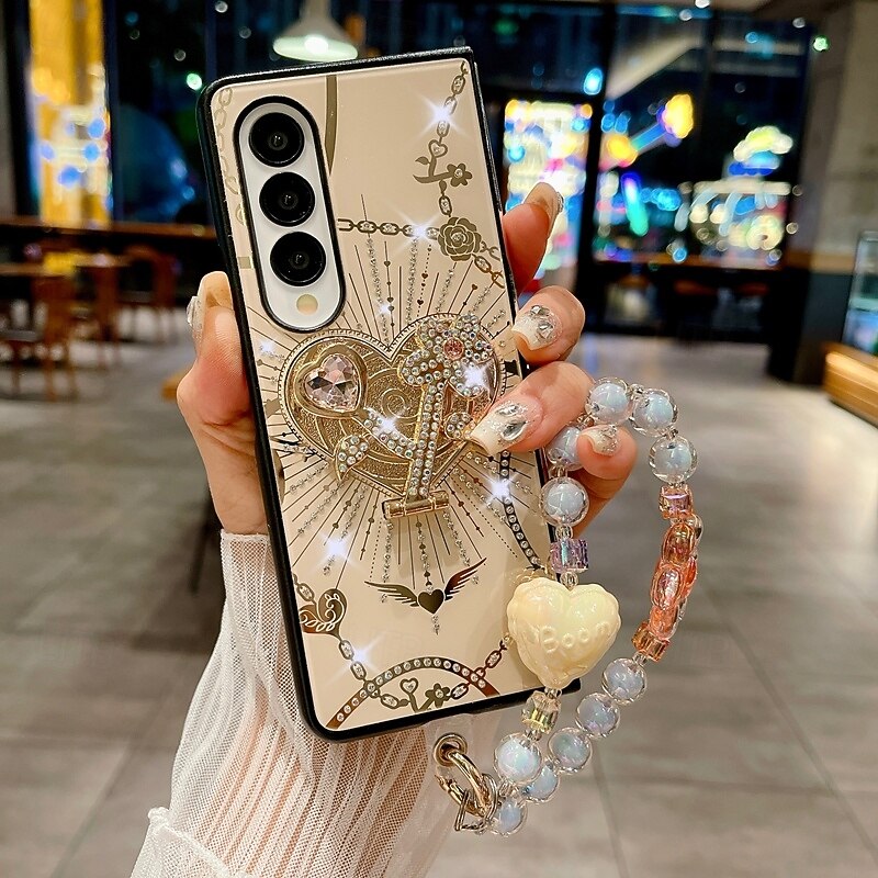 Phone Case For Z Fold 6 Z Fold 5 Z Fold 4 Back Cover with Stand Holder with Wrist Strap Shockproof Retro TPU PC3