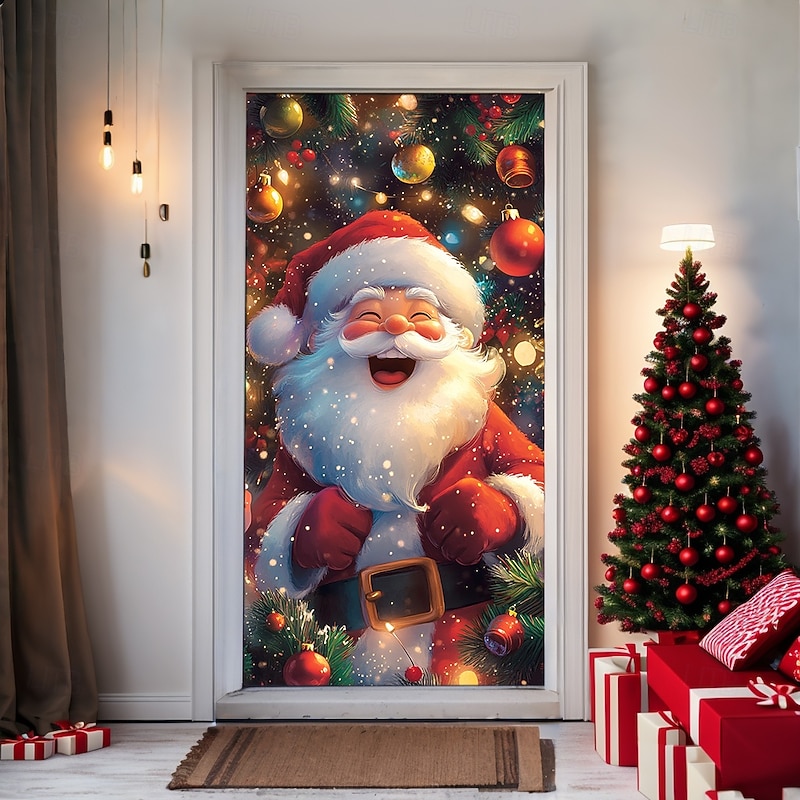 Christmas Door Decorations Door Covers Xmas Santa Door Tapestry Door Curtain Decoration Backdrop Indoor/Outdoor Door Banner for Front Door Farmhouse2