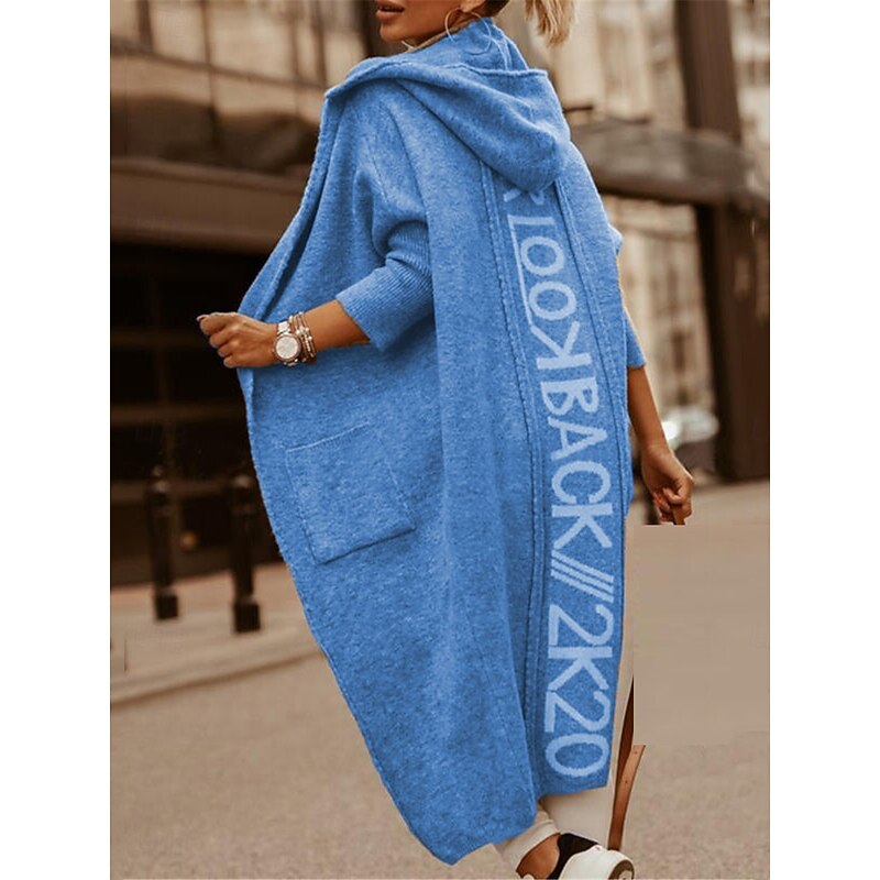 Women's Sweater Cardigan Casual Soft Letter Ribbed Hooded Pocket Knitted Long Sleeve Long Tops Knit Outdoor Daily Weekend Light Brown Blue Fall Winter3