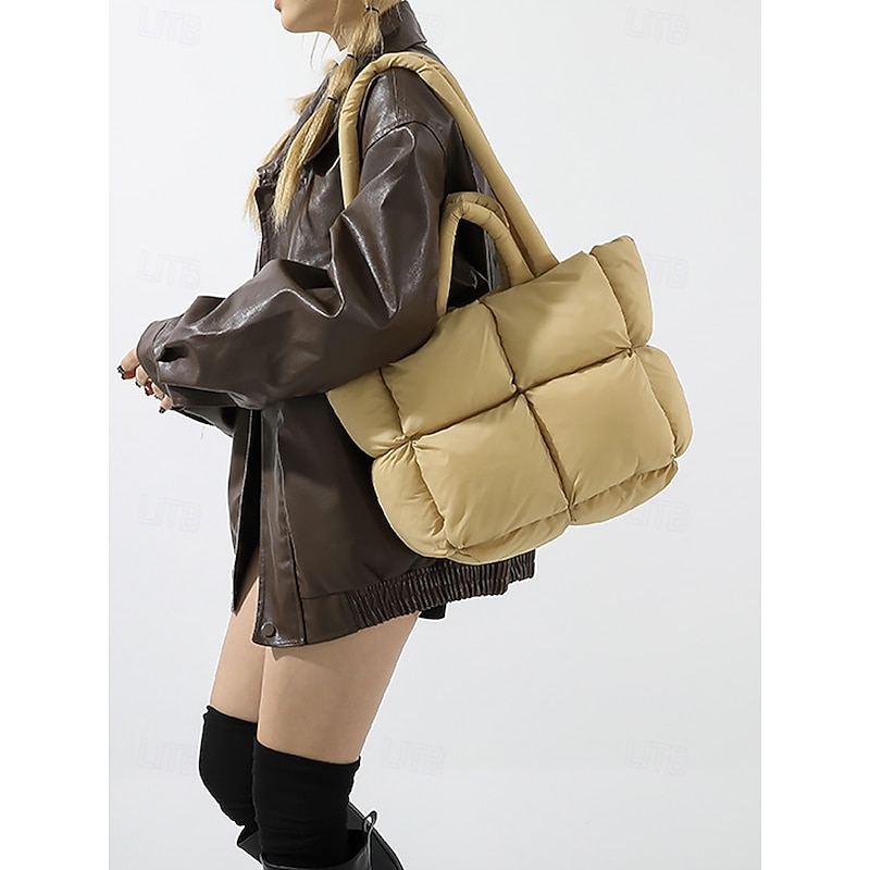 Women's Oversized Puffer Tote Bag - Beige Quilted Shoulder Bag, Lightweight and Spacious, Perfect for Travel and Everyday Use2