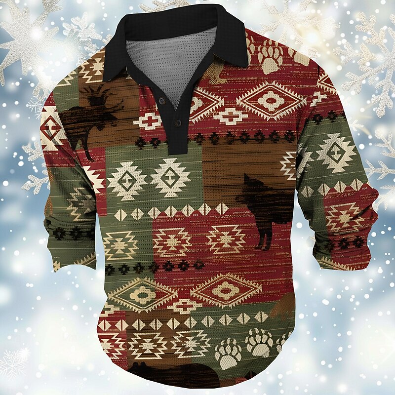 Men's Tribal Waffle Polo Shirts Golf Shirt Long Sleeve Polo Shirts Collared Shirts Vintage Casual Vacation Wear Party Outfits Buttons 3D Print Spring Fall Winter Black Red Blue