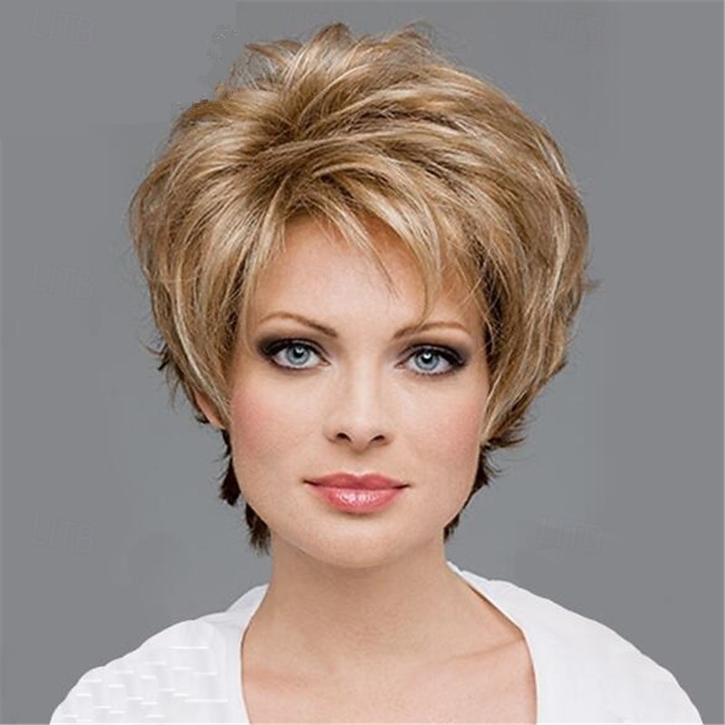 Layered Short Blonde Pixie Wigs for White Women Blonde Pixie Cut Wig with Bangs Synthetic Natural Looking Daily Party Wig