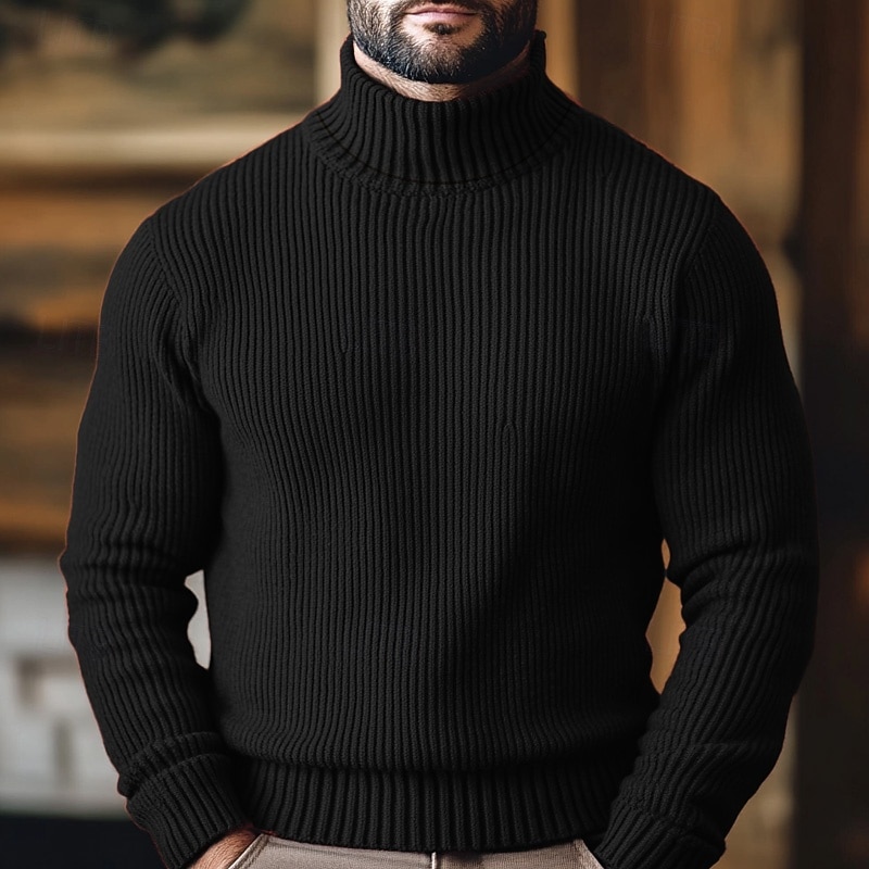 Men's Christmas Sweaters Turtleneck Sweater Pullover Sweater Jumper Pullover Ribbed Knit Knitted Plain Turtleneck Keep Warm Casual Outdoor Daily Wear Clothing Apparel Fall & Winter Wine Black M L XL3