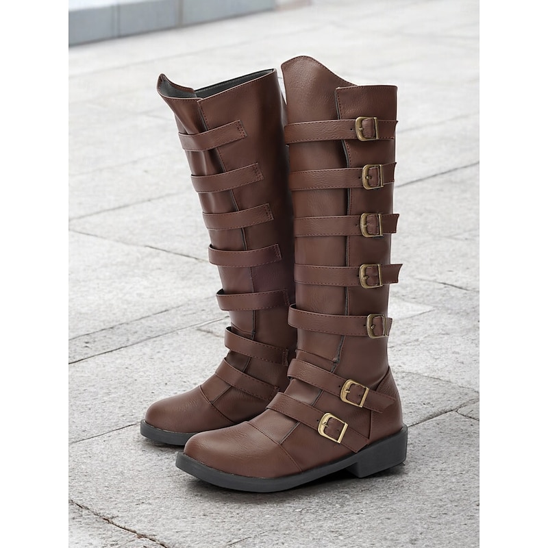 Women's Brown Multi-Buckle Knee-High Western Boots - Vintage Style with Rugged Sole for Outdoor and Casual Wear2