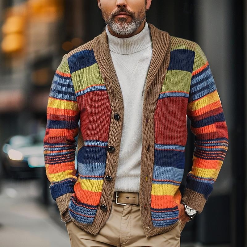 Men's Cardigan Sweater Chunky Knit Button Up Striped Shawl Lapel Knitwear Elegant Carnival Formal Clothing Apparel Drop Shoulder Fall Winter Red M L XL