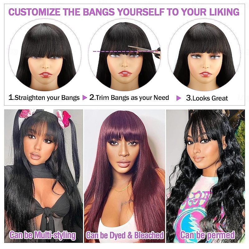 2x1 HD Lace Front Wigs Human Hair Wigs with Bangs for Black Women Straight Put On and Go Glueless Lace Closure Wigs for Beginners 100% Brazilian Virgin Human Hair Middle Part3