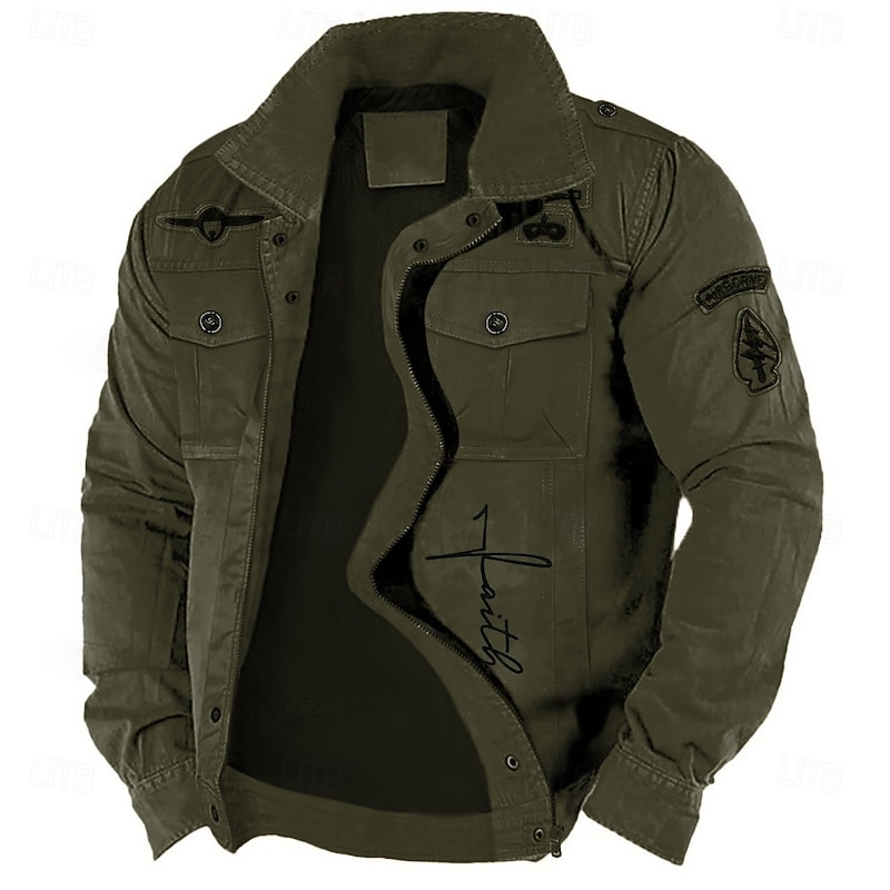 Men's Cotton Embroidered Military Jacket Cargo Jacket with Shoulder Straps Long Sleeve Standing Collar Multi-Pockets Coat Trucker Jacket Faith Letter Print Tactical Outerwear