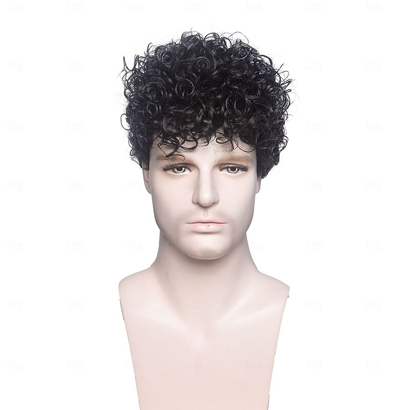 Synthetic Wig Curly Asymmetrical Wig Short Black Synthetic Hair Men's Fashionable Design Soft Natural Black3
