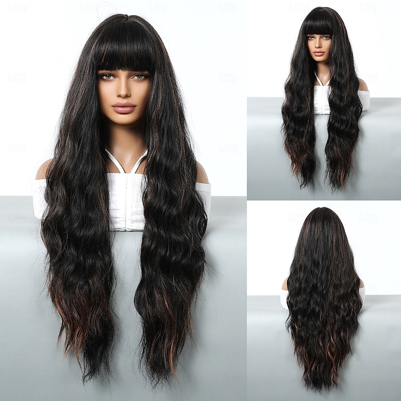 Synthetic Wig Uniforms Career Costumes Princess Curly Wavy Layered Haircut With Bangs Machine Made Wig 30 inch Dark Brown Synthetic Hair Women's Cosplay Party Fashion Brown