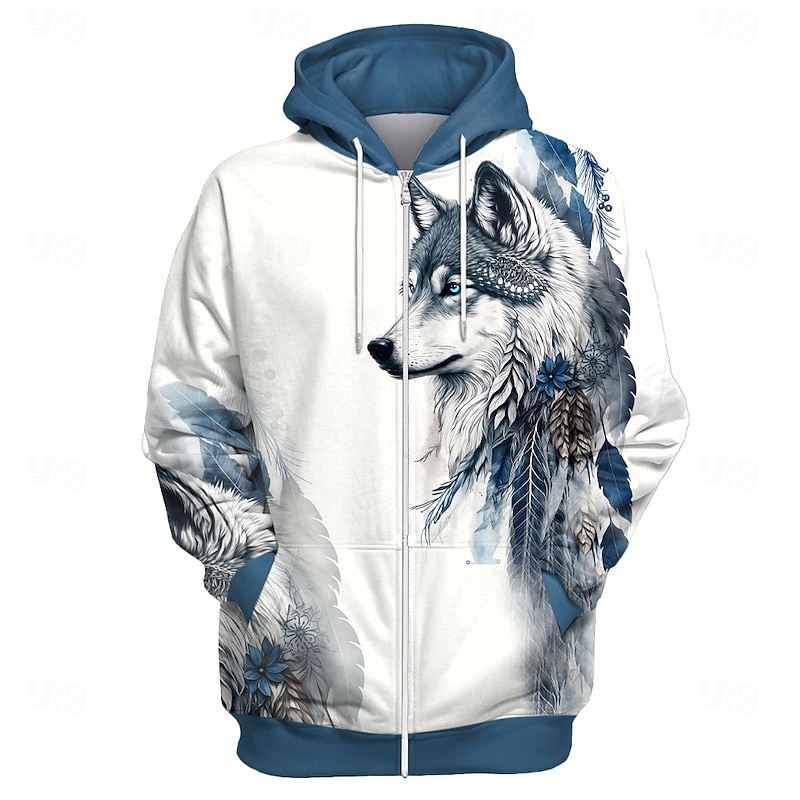 Men's Wolf Hoodie Hoodies Sweatshirt Fashion Cool Long Sleeve Hooded Vacation Gym Blue Drawstring Fall Winter Designer3