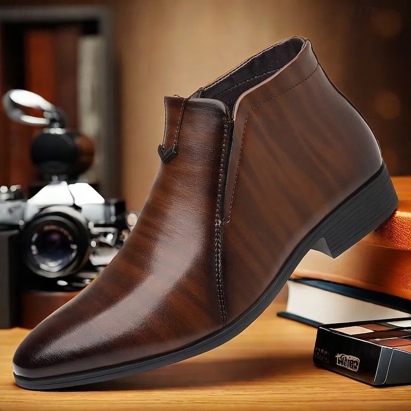 Men's Faux Leather Ankle Boots with Side Zip - Sleek Formal Dress Boots for Office and Special Occasions