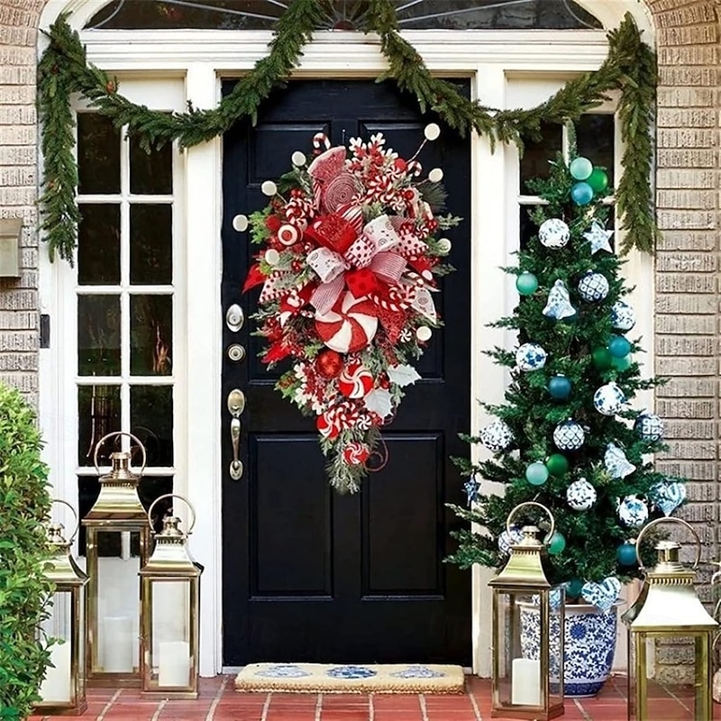Christmas Garland Candy Flower Plant Upside Down Tree Wreath Xmas Upside Down Tree Garland Hanging Christmas Candy Bow Hanging Christmas Door Hanging Wall Decoration2