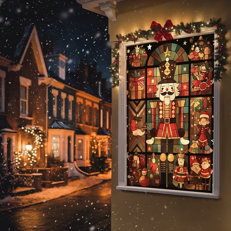 Christmas Window Cover Decorations, Fabric Stained Glass Nutcrackers Curtain Movie Poster Window Door Covering Decor for Christmas House, Window Clings Decals Indoor Outdoor2