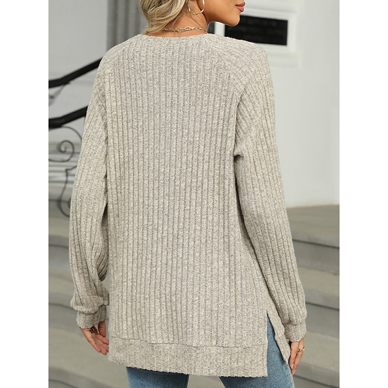 Women's T Shirt Plain Fashion Modern Casual Long Sleeve Crew Neck Regular Tops Daily Weekend Buttons Pink Blue Green Khaki Fall Winter4