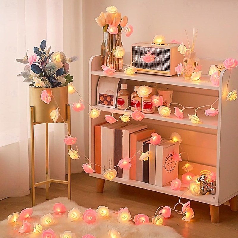 3m 20LED Pink White Flower Lights with Remote Flower String Lights Battery Operated 8 Modes Rose Lights for Valentine's Day Wedding Party Room Decor Bedroom Decor Fireplace Decorations2