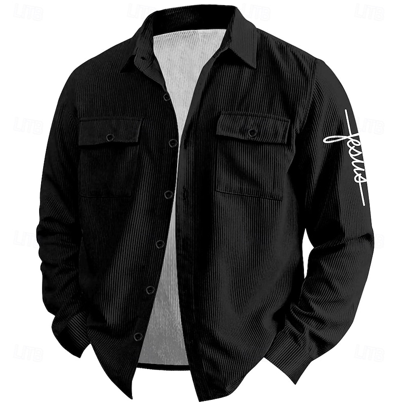 Men's Jesus Faith Corduroy Shirt Shirt Jacket Overshirt Long Sleeve Vintage Fashion Casual Outdoor Dailywear Holiday Fall & Winter Turndown Collared Shirts Buttons 3D Print 2 Pockets 1pc Black Blue2