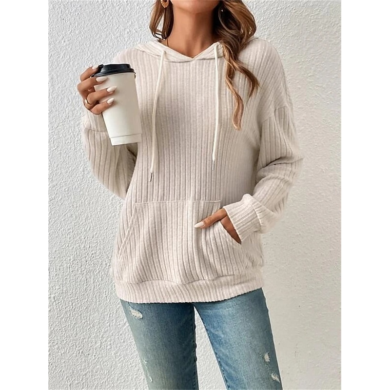 Women's Sweatshirt Casual Plain Street Dailywear Hooded Pocket Long Sleeve Green Beige Fall Winter