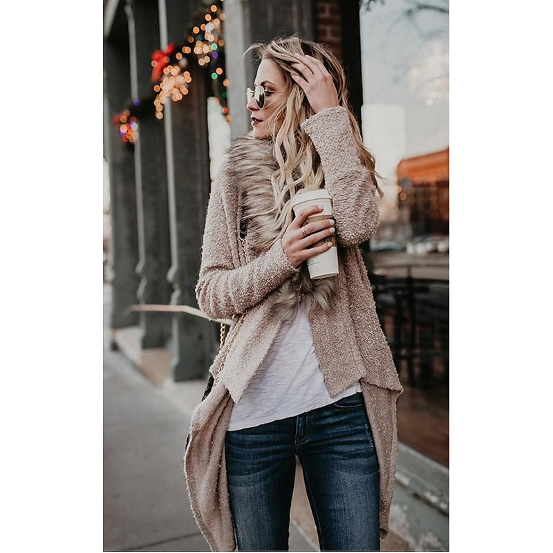 Women's Casual Jacket Outdoor Fur Collar Solid Color Windproof Fashion Regular Fit Outerwear Long Sleeve Fall Black S4