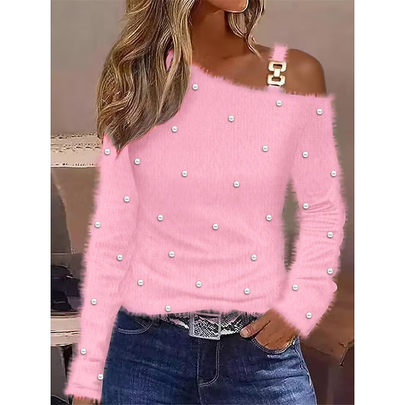 Women's Blouse Fuzzy Pink One Shoulder Long Sleeve  Elegant Casual Semi Formal Regular Fit Fall Winter