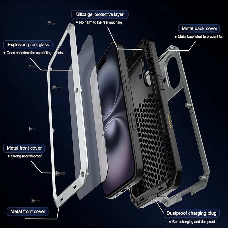Phone Case For iPhone 16 15 14 Pro Max Plus 13 12 11 Pro Max Mini Heavy Duty Shockproof Tempered Glass Metal4
