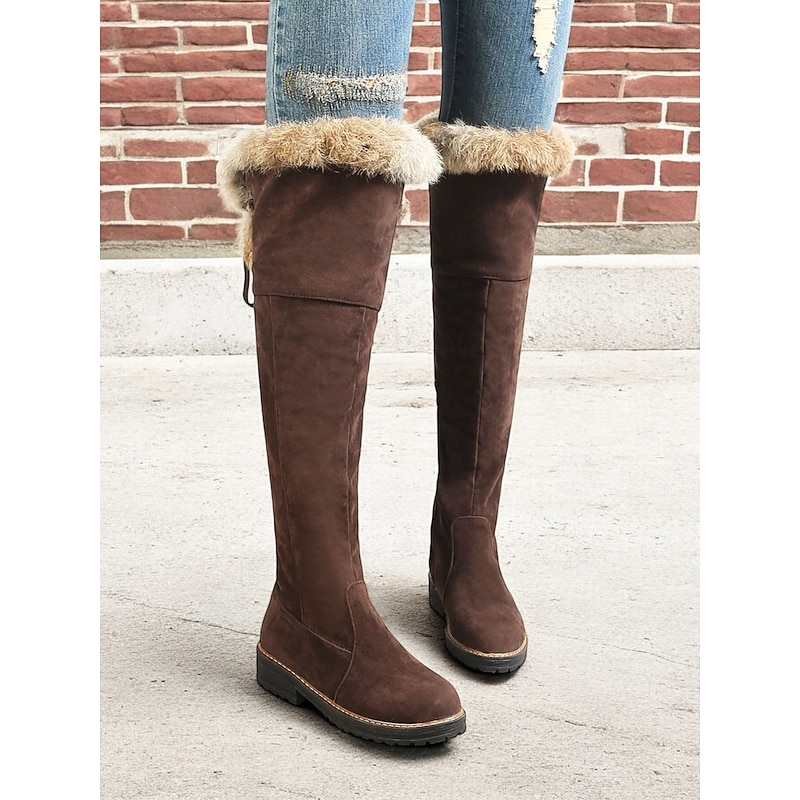 Women's Over-the-Knee Brown Faux Suede Boots with Faux Fur Trim – Cozy and Stylish Winter Footwear for Extra Warmth4