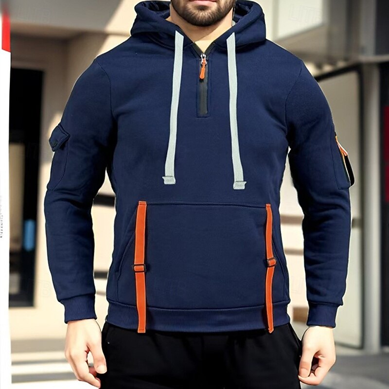 Men's Hoodie Tracksuit Sweatsuit Quarter Zip Hoodie Black Navy Blue Khaki Light Grey Hooded Half Zip Plain Pocket 2 Piece Sports & Outdoor Daily Holiday Polyester Streetwear Basic Casual Spring2