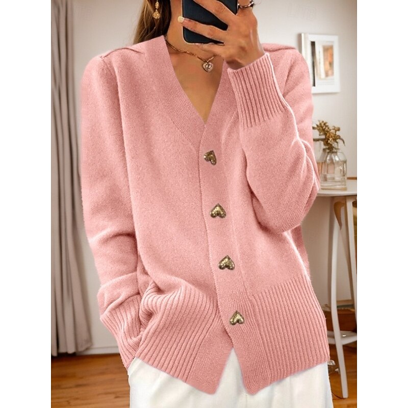 Women's Valentine Pink Sweater Cardigan Sweater Jacket V Neck Knit Button Knitted Spring Fall Daily Holiday Going out Cute Daily Soft Long Sleeve Pure Color Black White
