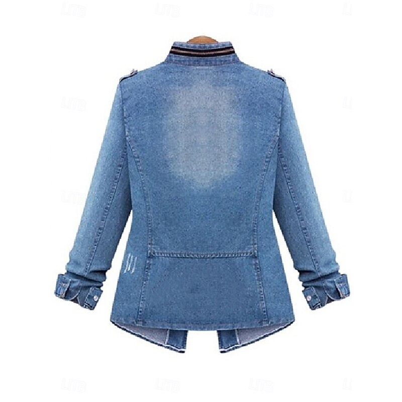 Women's Denim Jacket Outdoor Street Daily Wear Fall Winter Regular Coat Regular Fit Thermal Warm Breathable Stylish Casual Jacket Long Sleeve Solid Color with Pockets Blue2