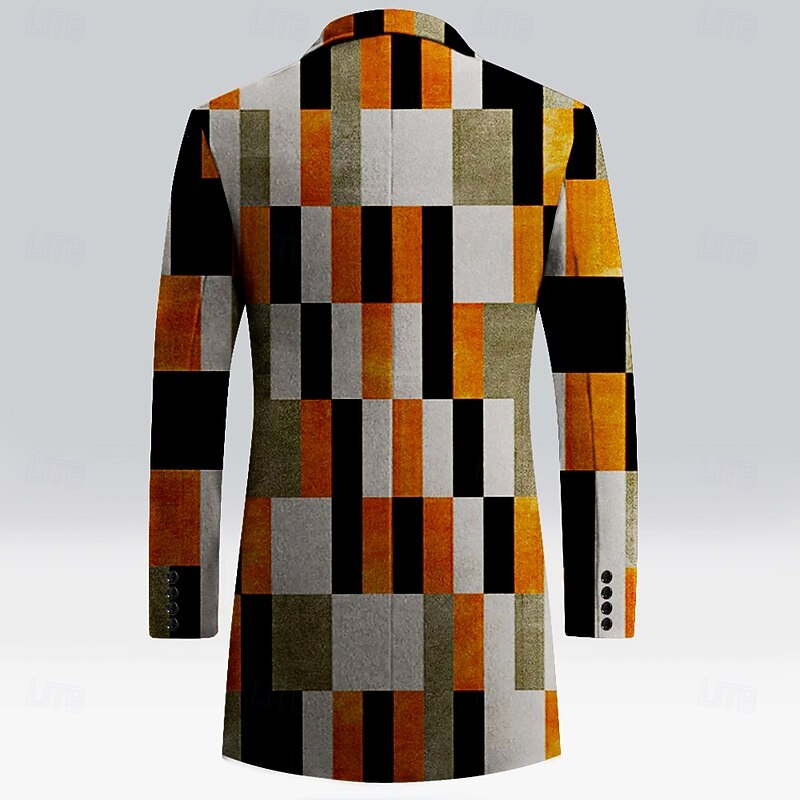 Men's Plaid Winter Coat Fleece Jacket Overcoat Thermal Comfortable Casual Street Outdoor clothing Daily Wear 3D Print Buttons Front Pocket Winter Turndown Long Sleeve Orange2