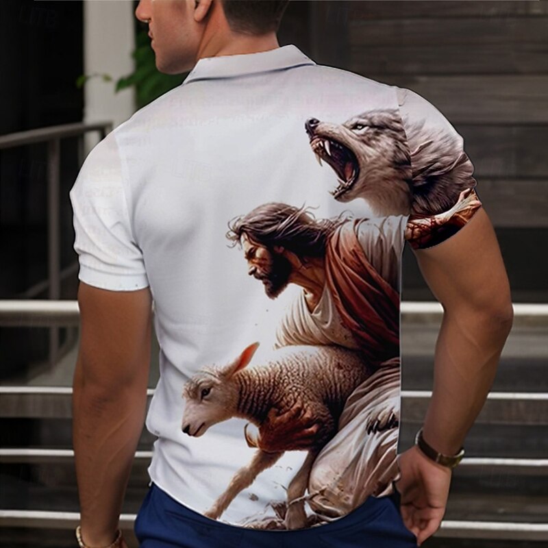 Men's Wolf Golf Shirt Short Sleeve Polo Shirts Collared Shirts Funny Streetwear Vacation Wear Party Outfits Buttons 3D Print Summer White2