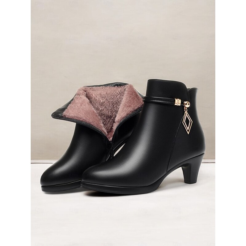 Women's Fur-Lined Ankle Boots – Warm Winter Heels with Side Zipper and Chic Gold Accent for Casual and Formal Wear