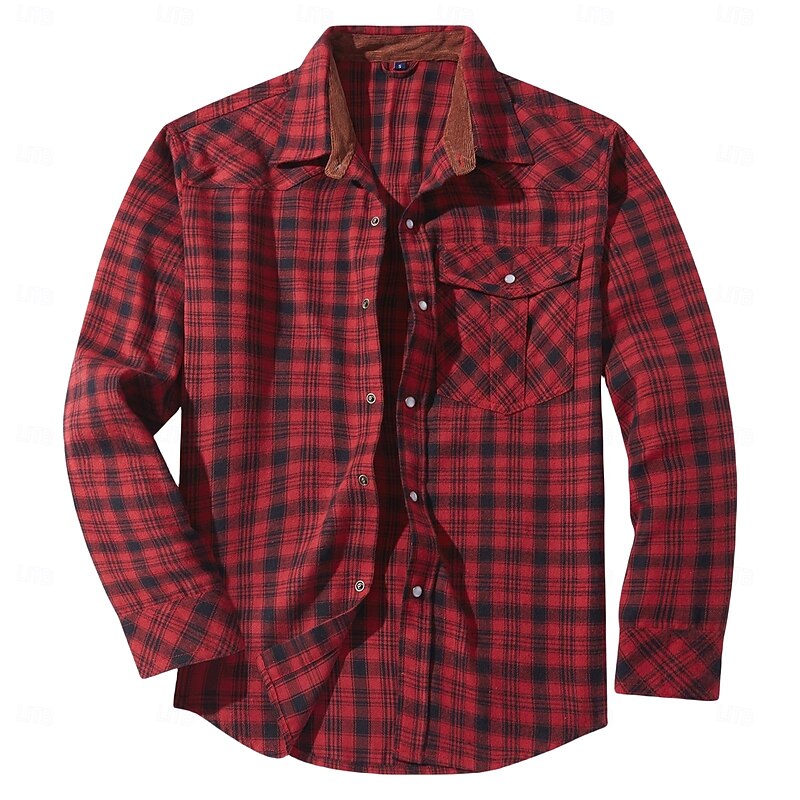 Men's Shirt Flannel Shirt Overshirt Plaid Outdoor Street Red Dark Navy Green Khaki Long Sleeve Collar Winter Spring &  Fall Clothing Apparel3
