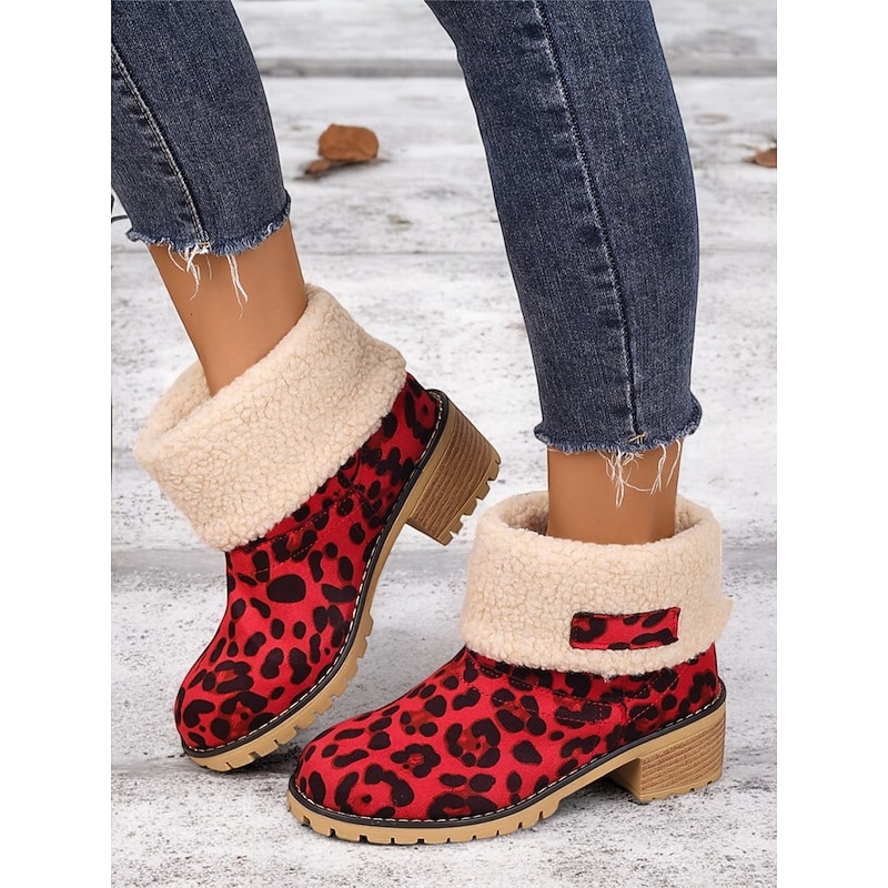 Women's Red Leopard Print Winter Boots with Faux Fur Lining and Chunky Heel – Warm and Stylish Snow Boots