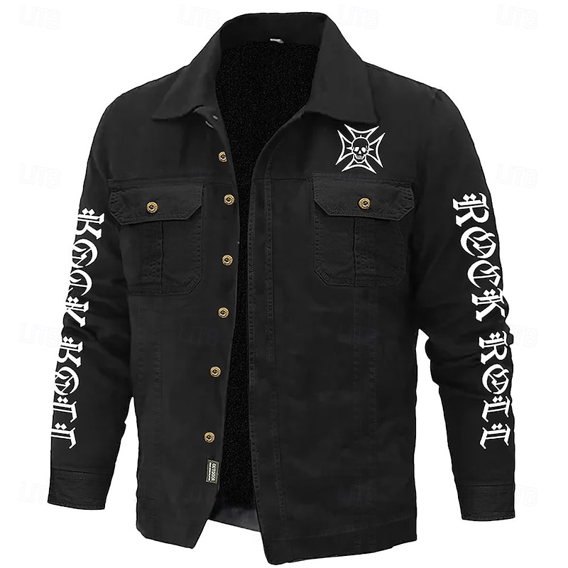 Men's Cool Skulls Letter Printed Work Shirt Western Shirt Cargo Shirt Long Sleeve Casual Sports & Outdoor Going out Fall Winter Turndown Print Black Army Green