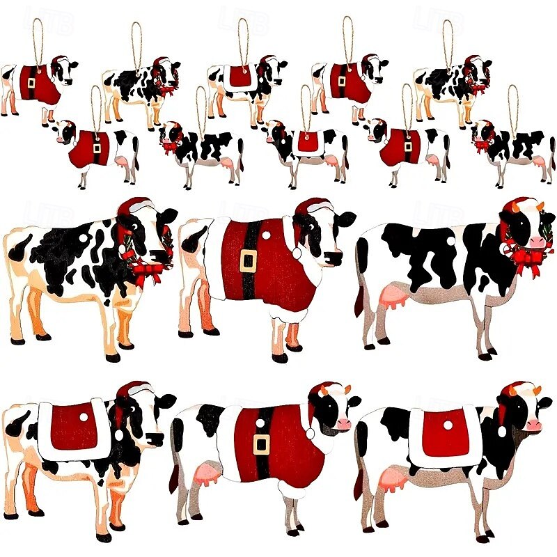 24pcs Christmas Wooden Ornaments, Adorable Cow and Mouse Decorations for Festive Trees, Perfect for Farmhouse Style Home Decor