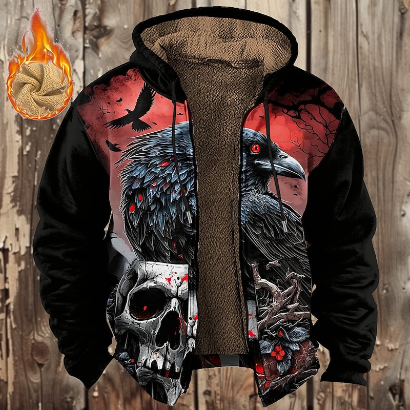 Men's Crow Fleece Hoodie Hoodies Fashion Cool Long Sleeve Hooded Vacation Halloween Sports Outdoor Black Drawstring Fall Winter Designer