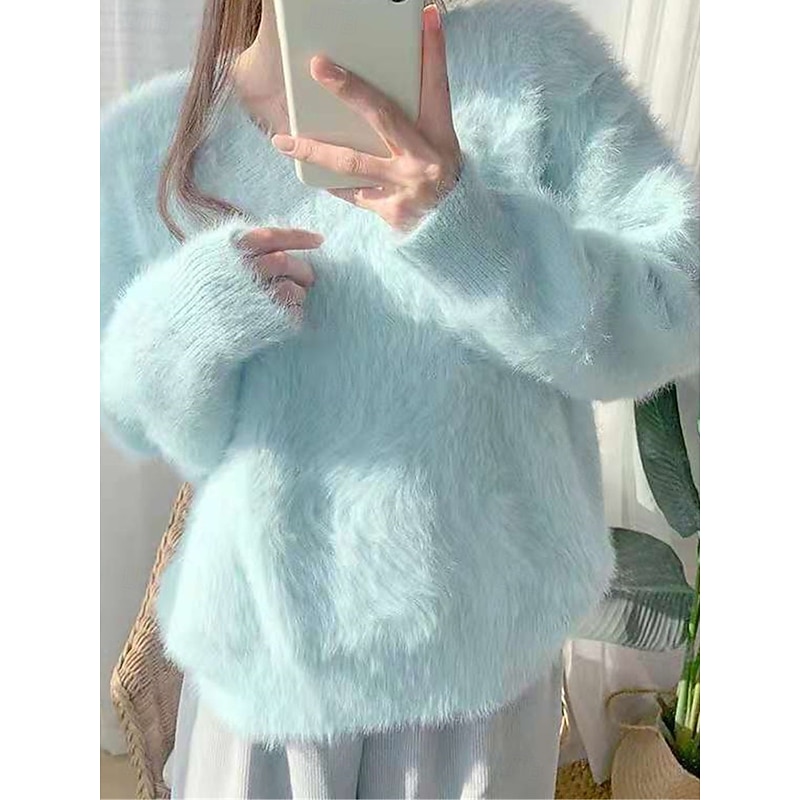 Women's Sweater Pullover Sweater Fuzzy Jumper V Neck Ribbed Knit Knitted Fall Winter Outdoor Daily Weekend Casual Soft Long Sleeve Pure Color Yellow Blue - Main Image