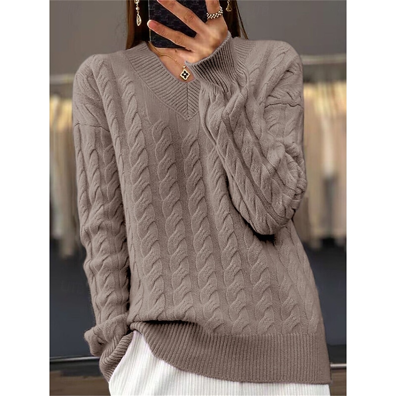 Women's Sweater Pullover Sweater Jumper Casual Soft Pure Color Cable V Neck Knitted Long Sleeve Regular Tops Knit Outdoor Daily Weekend Camel Purple Fall Winter3