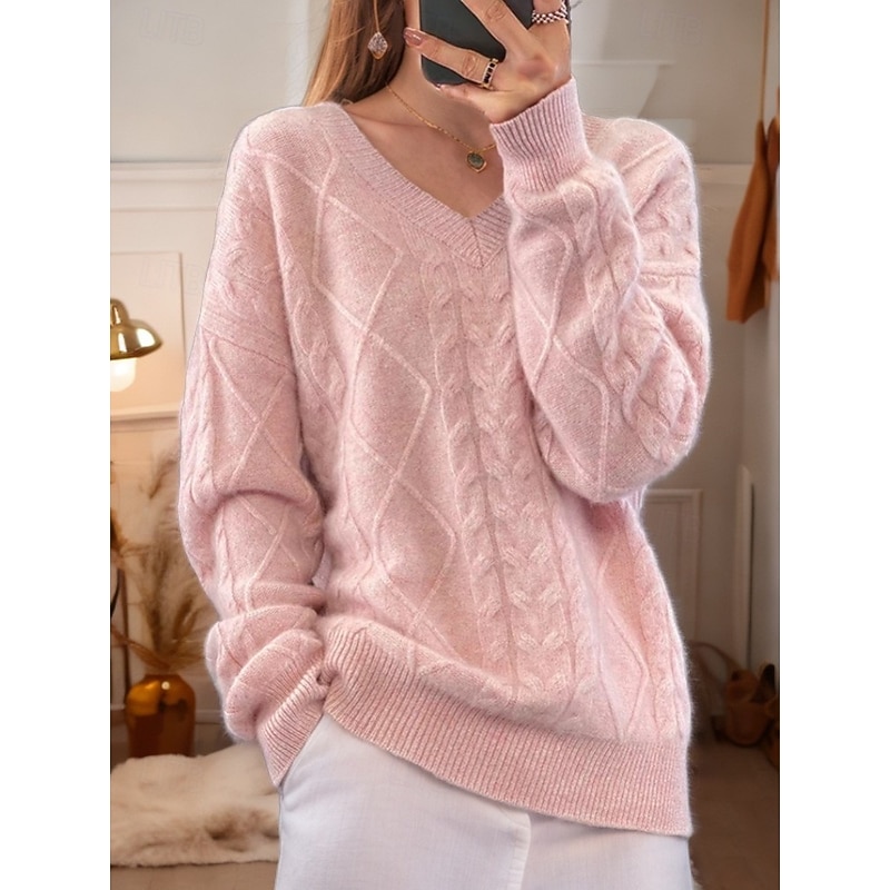 Women's Valentine Pink Sweater Pullover Sweater Jumper V Neck Cable Knit Knitted Drop Shoulder Spring Fall Home Daily Holiday Daily Soft Long Sleeve Argyle Pure Color White Pink