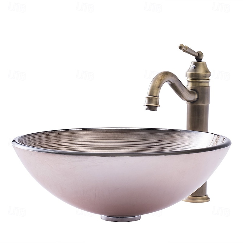 Vessle Sink Circular Stripe Design Basin Modern Tempered Glass Vessel Sink for Bathroom Bathroom Sink Set with Vintage Faucet3