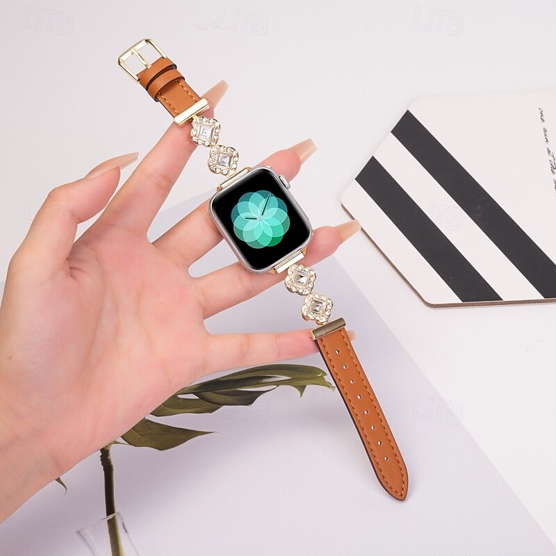 Leather Band Compatible with Apple Watch band 38mm 40mm 41mm 42mm 44mm 45mm 49mm Women Bling Diamond Adjustable Alloy Leather Strap Replacement Wristband for iwatch Ultra 2 Series 9 8 7 SE 6 5 4 3 2 12