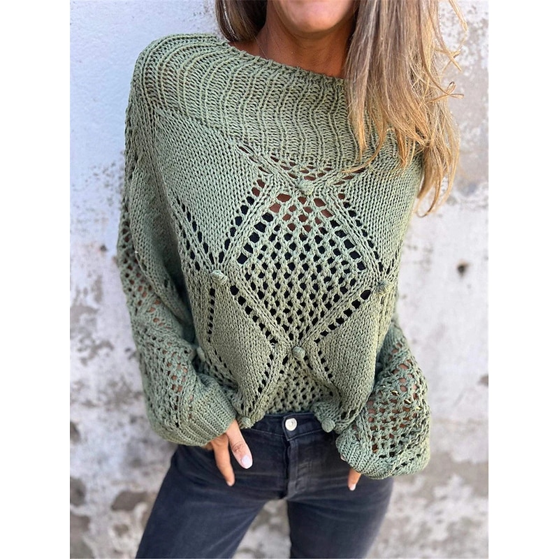 Women's Sweater Pullover Sweater Jumper Casual Soft Pure Color Crochet Crew Neck Knitted Long Sleeve Regular Tops Knit Outdoor Daily Weekend White Green Fall4