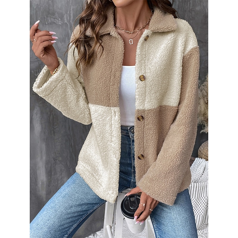 Women's Fleece Jacket Teddy Coat Warm Breathable Pocket Fleece Lined Casual Color Block Vacation Street Daily Wear Going out Single Breasted Regular Turndown Regular Fit Long Sleeve Outerwear Brown