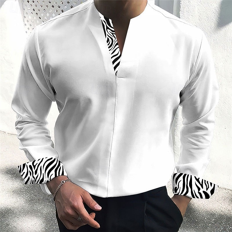 Men's Dress Shirt Tunic Shirts Leopard Print Casual Daily Black White Beige Long Sleeve Stand Collar Spring Fall Clothing Apparel