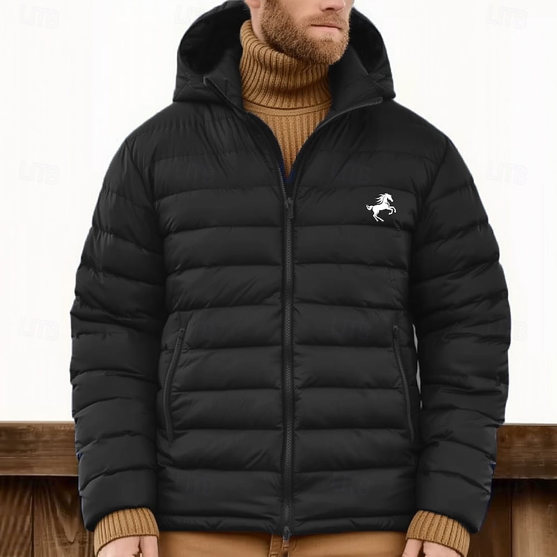 Men's Graphic Animal Horse Down Jacket Puffer Jacket Waterproof Rain Waterproof Lightweight Casual Daily Holiday Going out Print Fall Winter Hooded Long Sleeve Navy Blue3